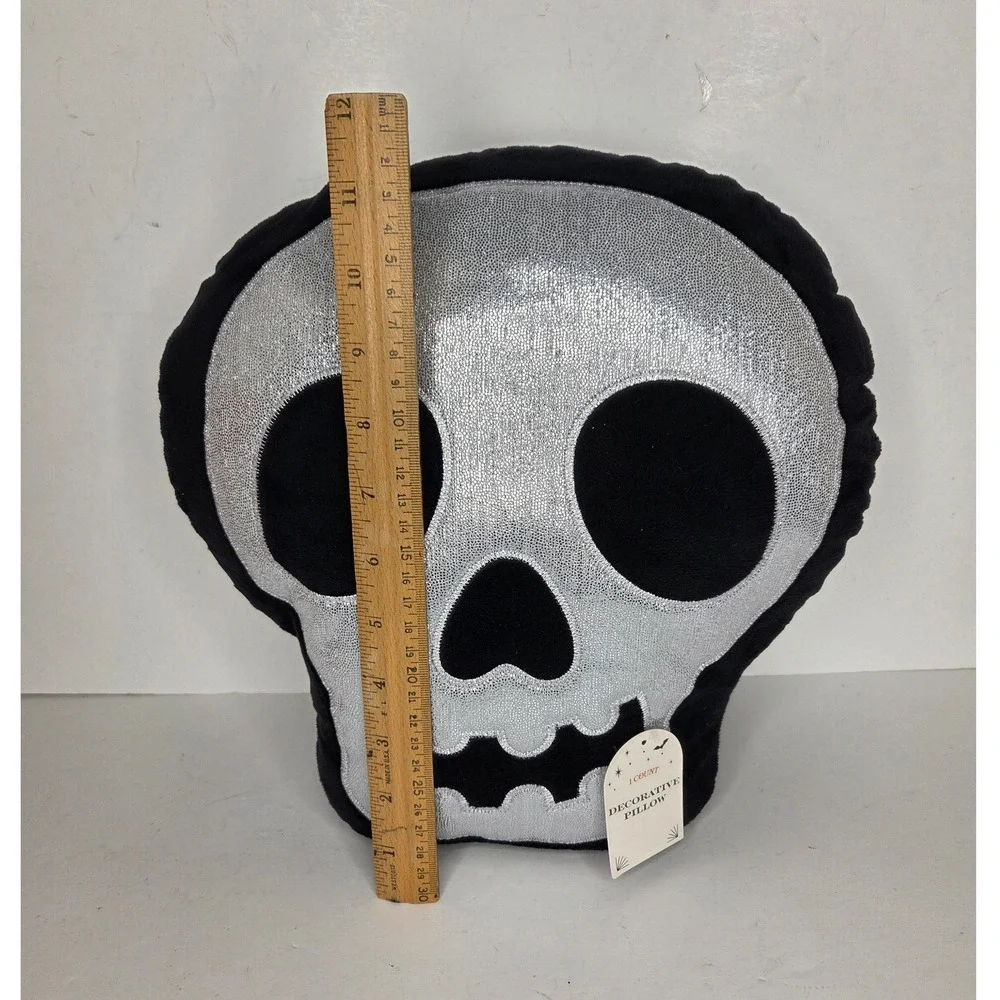 Halloween Skull Decorative Pillow Silver Metallic Black Spooky Decor Plush